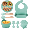 Eight-piece mint green silicone baby feeding set with suction bowl and wooden utensils - Mint-8Pcs Set