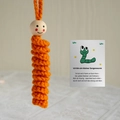 Handmade orange crochet worry worm with wooden smiley face bead and poem card set - Orange Lucky Worm