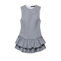 Sleeveless grey-blue plaid mini dress with tiered ruffle hem and round neckline - XS / Grey Plaid