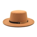 Close-up of a camel wool boater hat with black leather band and gold metal chain link - M (56-58cm) / Camel