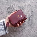 Three-fold wine red mini wallet in lychee grain PU leather with cute rabbit badge - Burgundy