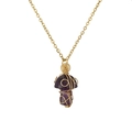 Macro detail of purple crystal mushroom pendant wrapped in golden wire on a fine gold chain - Purple/Gold (Amethyst)