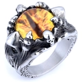 Gothic Punk Edelstahlring mit gelbem Drachenauge, gehalten von silbernen Krallen - US-Größe 7 / Gelbes Auge