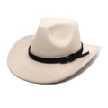 Detail of beige felt cowboy hat with black leather band and gold metal ring accent - M (56-58cm) / Beige