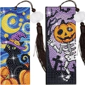 Segnalibri DIY pittura diamante Halloween con gatto nero, zucca e nappe marroni - Stile Halloween Zucca Gatto Nero (SQ-143) / 2 Pezzi/Set (Materiali Opzionali)