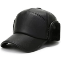 Winter men's flat top leather hat with fleece lining and ear flaps for cold weather protection - Black
