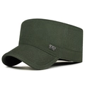 Army green flat top military cap with metal sports style plaque on canvas fabric - Adjustable / Army Green