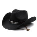 Classic black straw western cowboy hat with studded band and adjustable chin strap - M (56-58cm) / Black