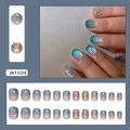 Dunkelblaue Katzenaugen-Nägel zum Aufkleben mit Silberverlauf und Goldglitzer, 24er Set - Kleber-Typ / Meeresblau Katzenauge (W1694)