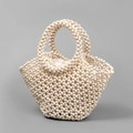 Handmade cream beaded tote bag with wooden beads and drawstring liner for beach vacations - Creamy White