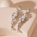 Detailed view of silver dangle earrings featuring faux pearls and sparkling rhinestones - Silver Rhinestone Pearl Geometric Dangle (925 Silver Needle)