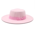 Detailed view of pink wool fedora with 8.5cm wide brim and matching grosgrain bow - M (56-58cm) / Pink
