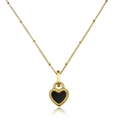 Collar de colgante de corazón chapado en oro 18K con esmalte negro y cadena satélite - Cerradura de corazón de ágata negra