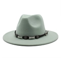 Detail of light green wool fedora hat with black leather band and silver star buckles - Mint Green