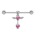 Detail of pink heart barbell ring with angel wing design in polished silver finish - Pink