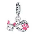 925 silver French Bulldog and pink enamel paw heart charm with cubic zirconia - French Bulldog and Paw Pendant 0112