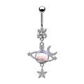 Detailed view of silver planet navel ring with moon and star charms and clear crystals - Pierced
