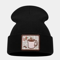 Trendy black knit beanie with creative coffee cafe embroidery patch for autumn and winter - Style 8-Coffee Cup