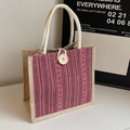 Linen tote bag with pink and black vertical stripes and braided rope handles - Pink Button Style