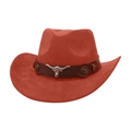 Close-up detail of the vintage red suede western cowboy hat with silver bull head ornament - One Size / Rust red