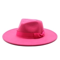 Detail of rose pink wool fedora hat featuring a matching satin ribbon and elegant side bow - M (56-58cm) / Rose Red