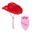 Set bandana rosa e cappello da cowboy rosso con rifiniture in piume abbinate - Set Filo d'Argento Piume Rosse