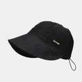 Detail of black denim sun hat with golden metal logo plate and adjustable wind cord - One Size / Black