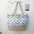 Canvas evil eye beach tote bag with thick rope handles and jute splice detailing - 47x35x12cm / Summer in Greece Text