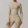Warm gray women's yoga set featuring a stand-collar zipper jacket and high-waist leggings - Terracotta