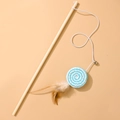 Cat wand toy with natural wooden pole, braided blue disc, bell and brown feathers - Paper Rope Disk Blue