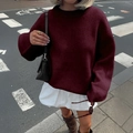 Jersey de punto burdeos para mujer con cuello redondo y manga larga de estilo casual - S / Burdeos