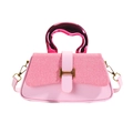 Pink leather handbag with woven texture flap and metallic artistic handle for women - Pink
