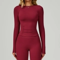Nauwsluitende yoga-top met lange mouwen en hoge taille legging set in diepe wijnrode kleur - S / Kersenrood