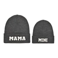 Detail view of charcoal grey knit parent-child hat set with MAMA and MINI embroidery - MAMA+MINI Parent-Child Set / Black Heather Grey