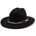 Detail of black wool fedora featuring a camel leather band with a gold metal buckle - M(56-58cm) / Black