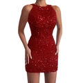 Elegant red sequin halter bodycon dress with crystal tassel fringe for evening party - Red