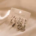Detailed set of five stainless steel silver earrings with eye and heart charms on silk - Heart Eye Chain Set