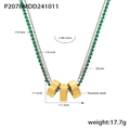 316L titanium steel necklace featuring green zircon chain and triple ring gold pendant - Green Zirconia Double Layer Necklace (P2078)