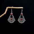 Bohemian retro silver earrings with red stone inlay and delicate bead tassel fringe - E4783 Red Beaded Tassel