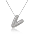 Macro shot of silver bubble letter V pendant with micro-pave cubic zirconia stones - Letter V