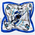 Detailed view of luxury square silk scarf with classic equestrian chain and belt prints - Blue Base Ring