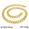 Golden 10mm Cuban chain necklace 760mm long in polished stainless steel for men - Gold Necklace 75cm (KN225393-Z)