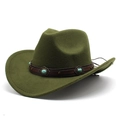 Detail of olive green felt fedora with turquoise gemstone studded leather hat band - M (56-58cm) / Army Green