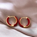 Minimalist 925 silver needle C-shaped earrings with red enamel finish and gold plating - Red Enamel Gold Hoop Huggie (A64 Red)