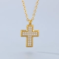 Gold plated cross pendant necklace featuring CNC set cubic zirconia on O-chain - Gold - Small (KN290522-GC)