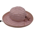 Pink striped wide brim straw sun hat with decorative flower bow for summer beach vacation - Wide Brim Flower / Pink