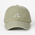 Close-up of olive green washed cotton baseball cap with white wave embroidery - Adjustable / Light Khaki