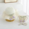 Detail of girl's straw hat and matching bag with purple tulip charms and green ribbon - Tulip Milky White Style (Set)