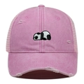 Pink washed denim baseball cap with panda embroidery and distressed ripped details - Adjustable / Pink