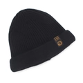 Detail of black ribbed knit beanie featuring an orange lion logo patch for men - Black